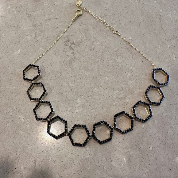 Sterling Forever Gold Hexagon Black CZ Necklace - Picture 3 of 7